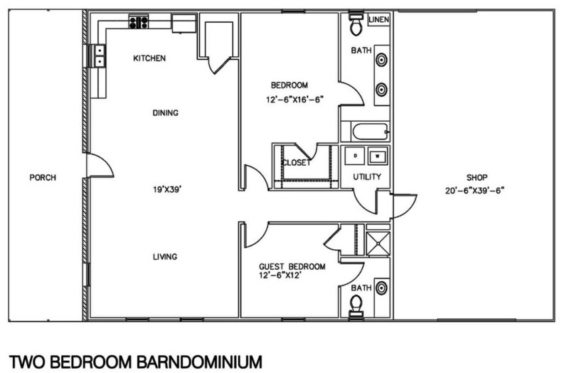 2 Bedrooms and 1 Restroom Barndominium Floor Plans