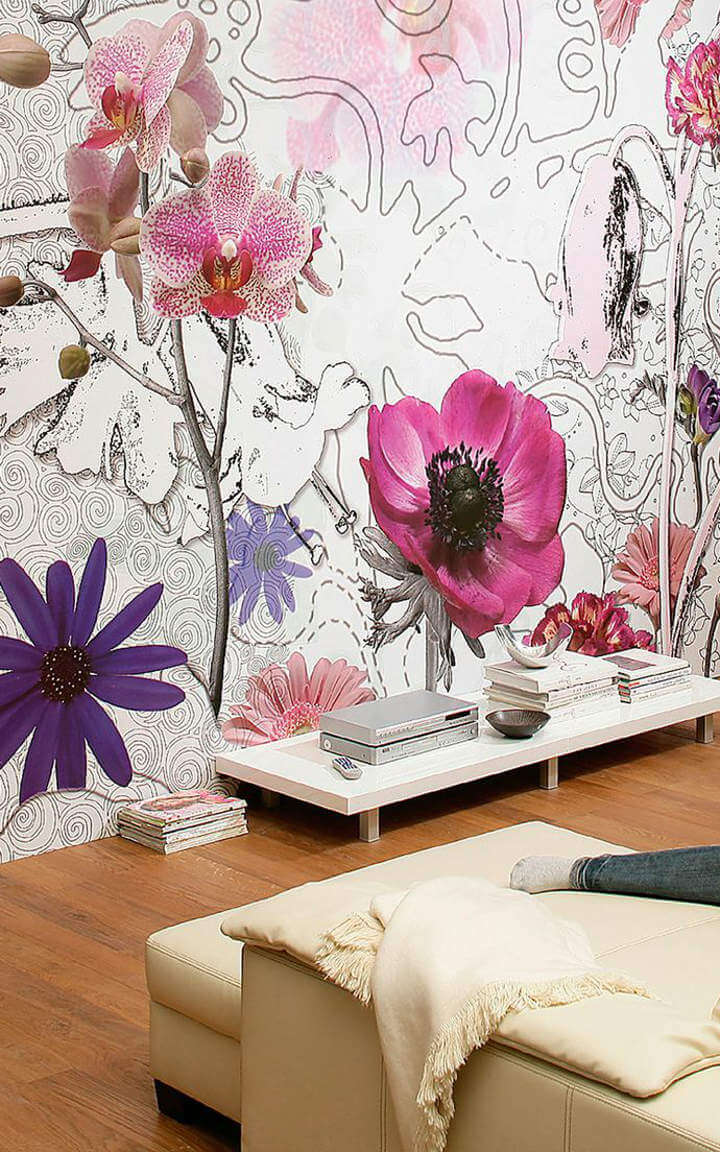 beautiful-living-room-wallpaper-designs- flower pink wallpaper