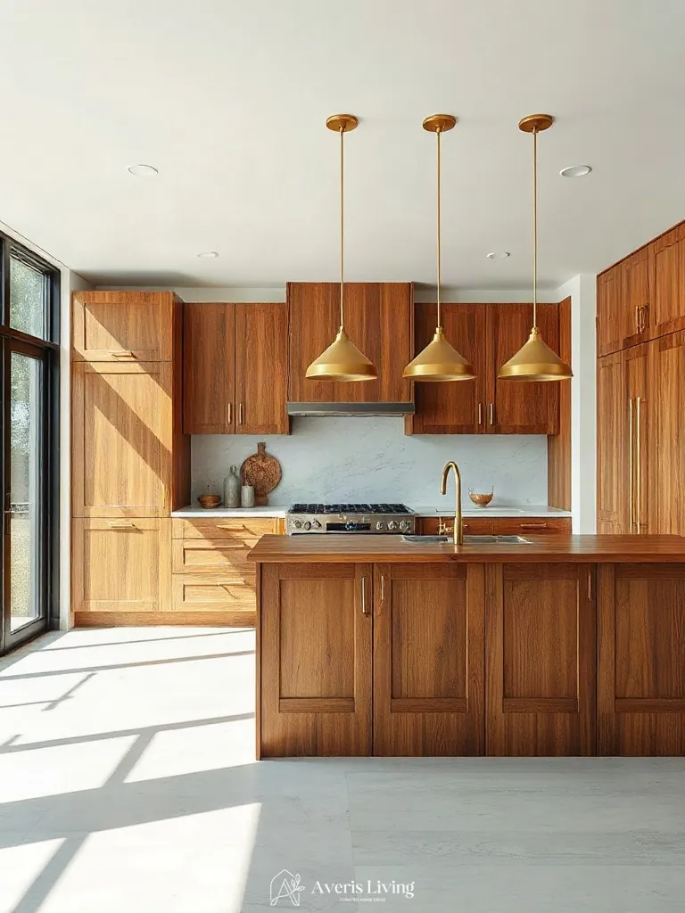 Brushed brass hardware detailing on a rustic wood kitchen island.