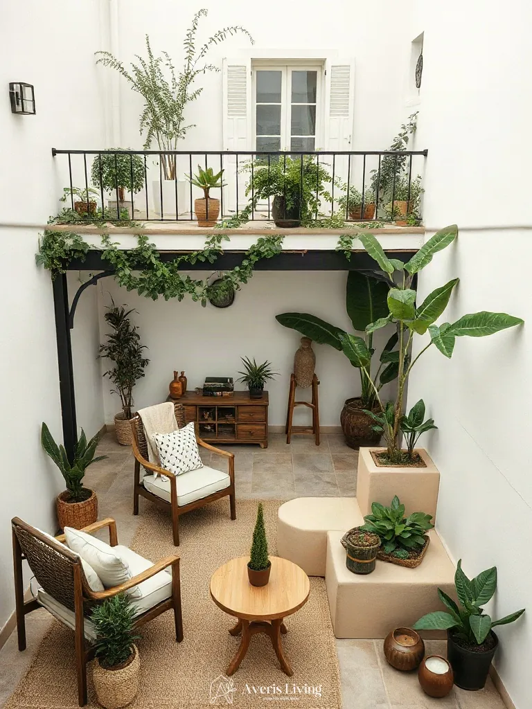 Botanical harmony and complete styling of a bohemian balcony decor oasis.