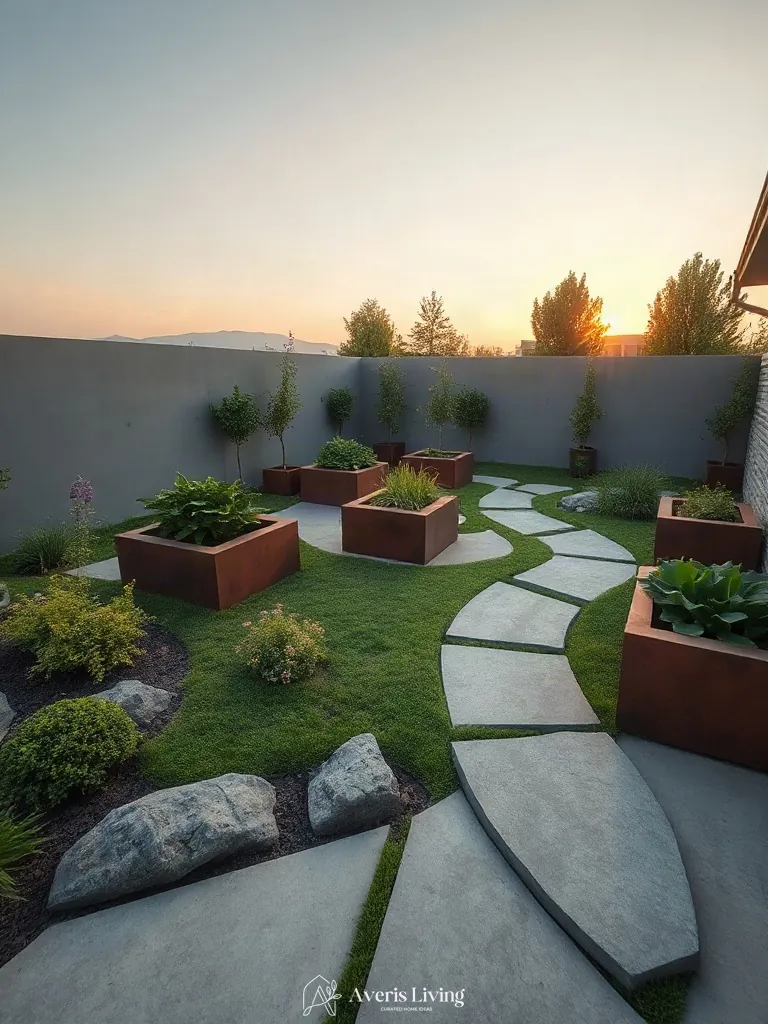 Stepping stones adding depth alongside raised garden beds