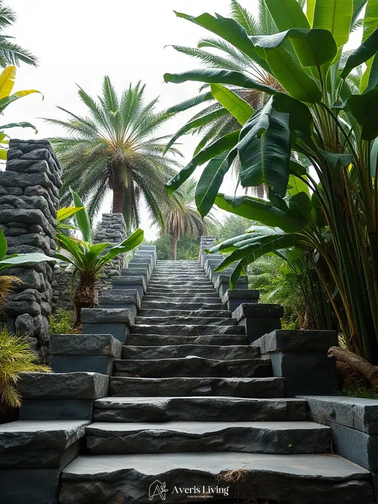 Vertical dimension and depth achieved with stone steps and tropical plants