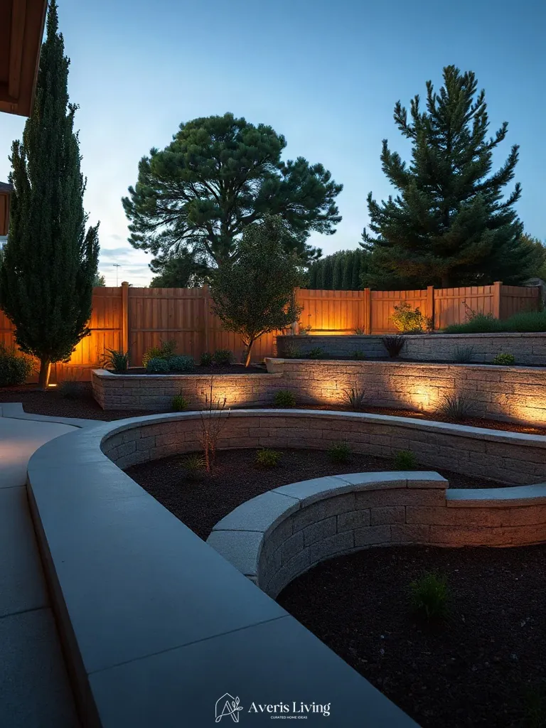 Vertical depth and tiered retaining walls adding perimeter boundaries