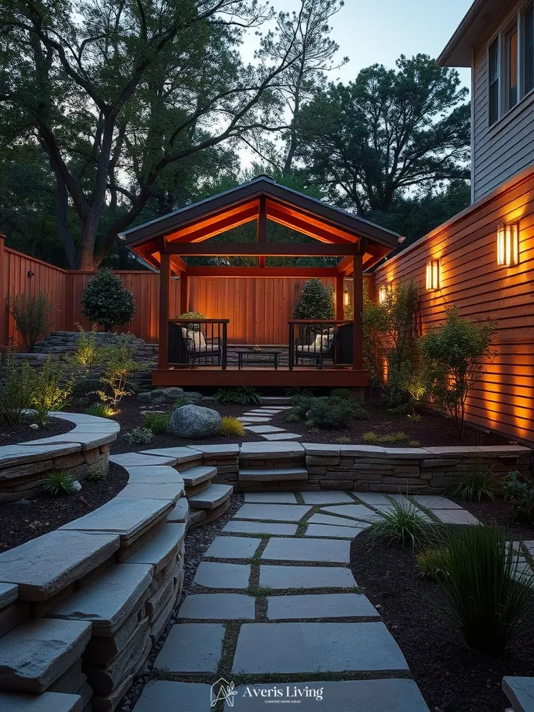 Vertical depth and tiered elevation featuring an upgraded backyard gazebo