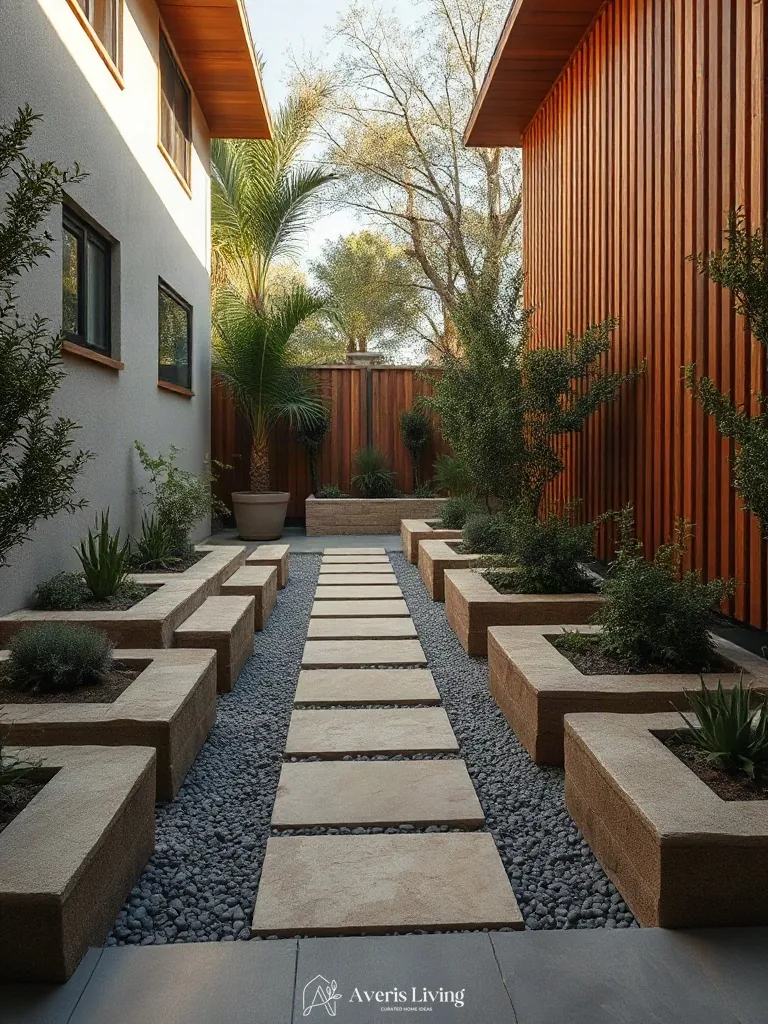 Sandstone stepping stones adding depth to a vertical garden design