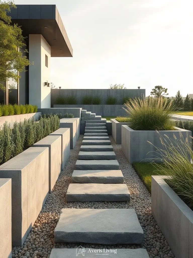 Elevated stepping stone pathway adding vertical depth to backyard landscape
