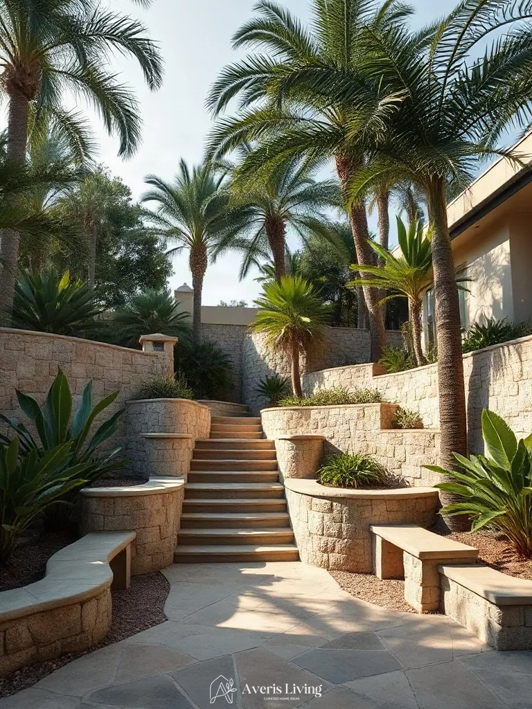 Vertical dimension added to a tropical backyard with retaining walls