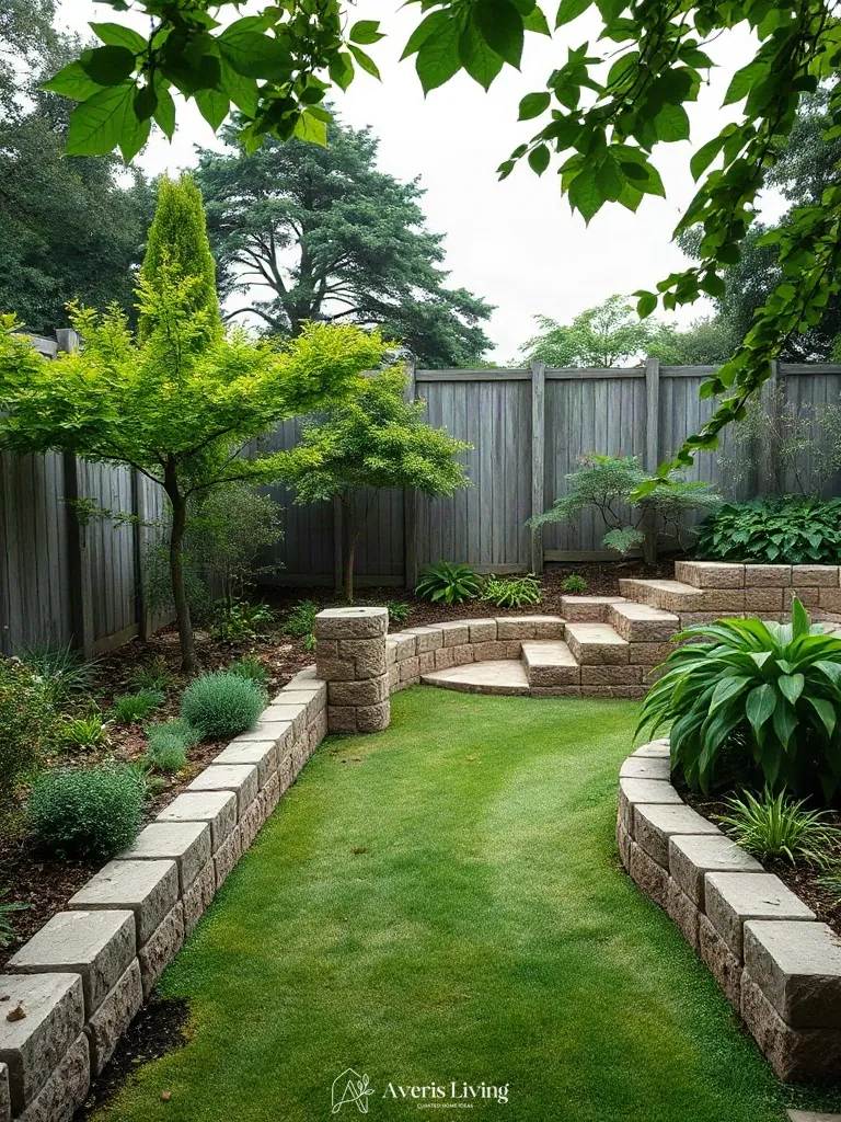 Vertical dimension added to shaded garden via retaining walls