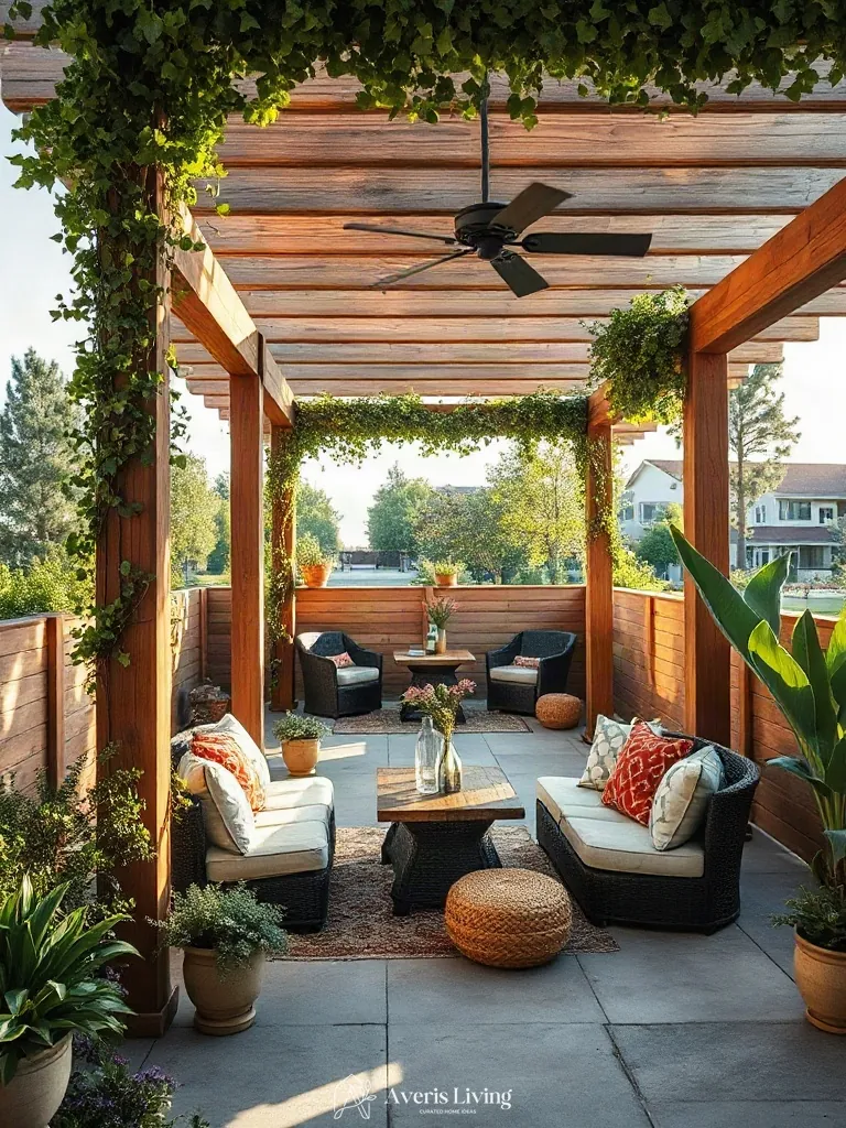 Vertical elements and pergolas framing boho patio seating ideas on an outdoor terrace.