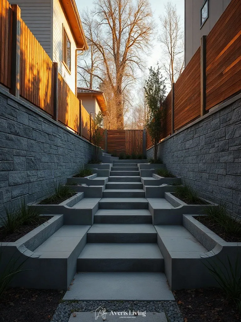 Modern backyard stepping stones design adding verticality to a minimalist garden