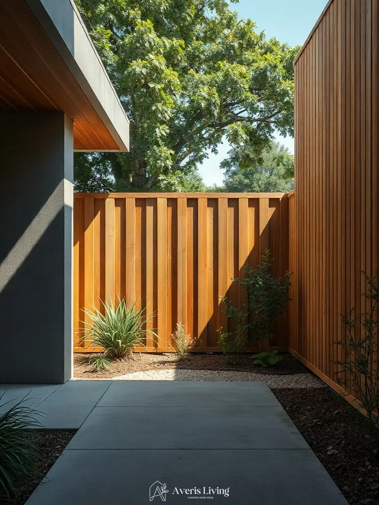 Tall architectural privacy fence adding vertical scale to garden