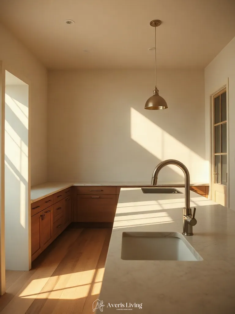 Golden sunlight reflecting on under sink storage solutions kitchen.