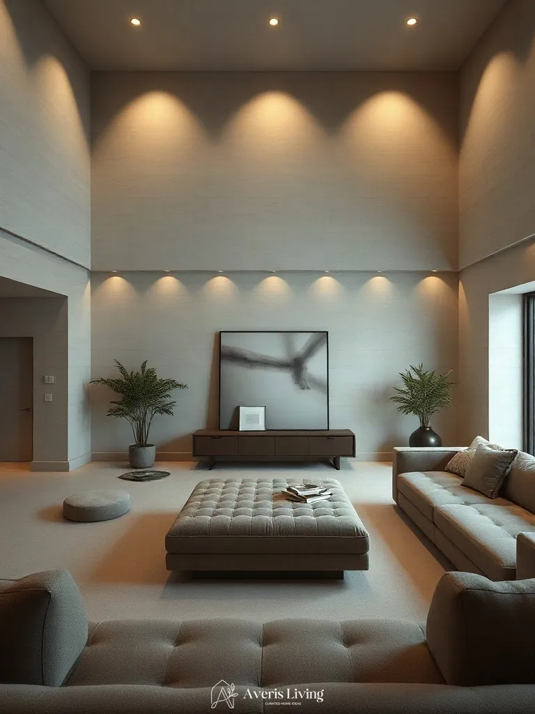 Sunken living room conversation pit centered around a luxurious velvet storage ottoman
