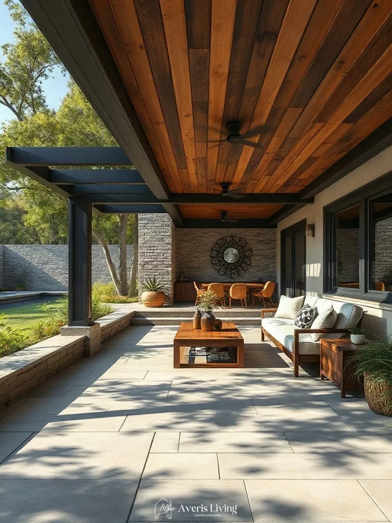 Patio space anchored by backyard retaining wall