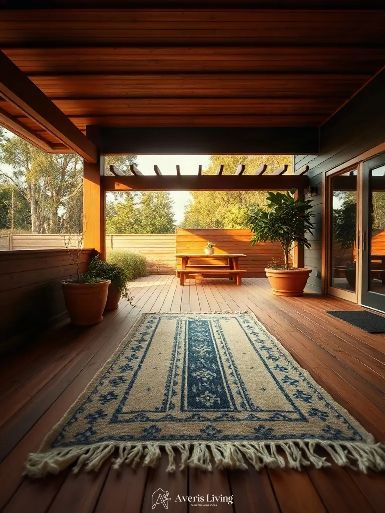 Cedar decking paired with an outdoor rug boho style