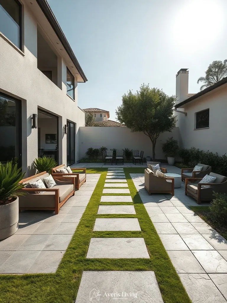 Social patio anchored by a low maintenance stepping stone path