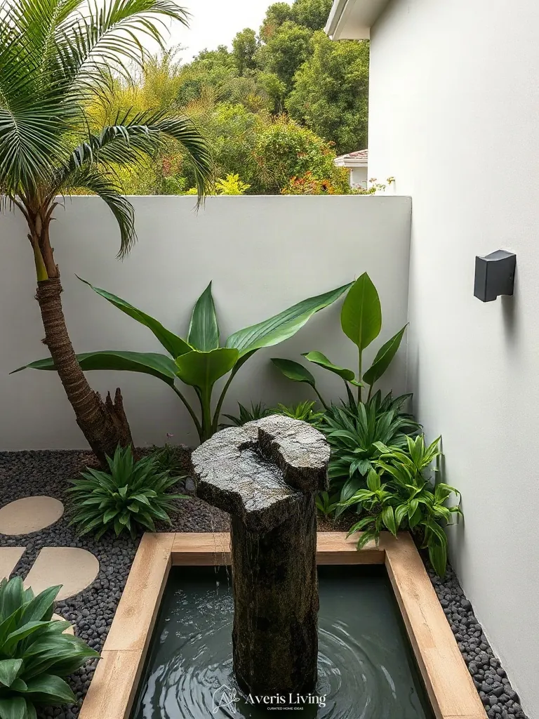 Water feature focal point in a tropical backyard herb garden before and after