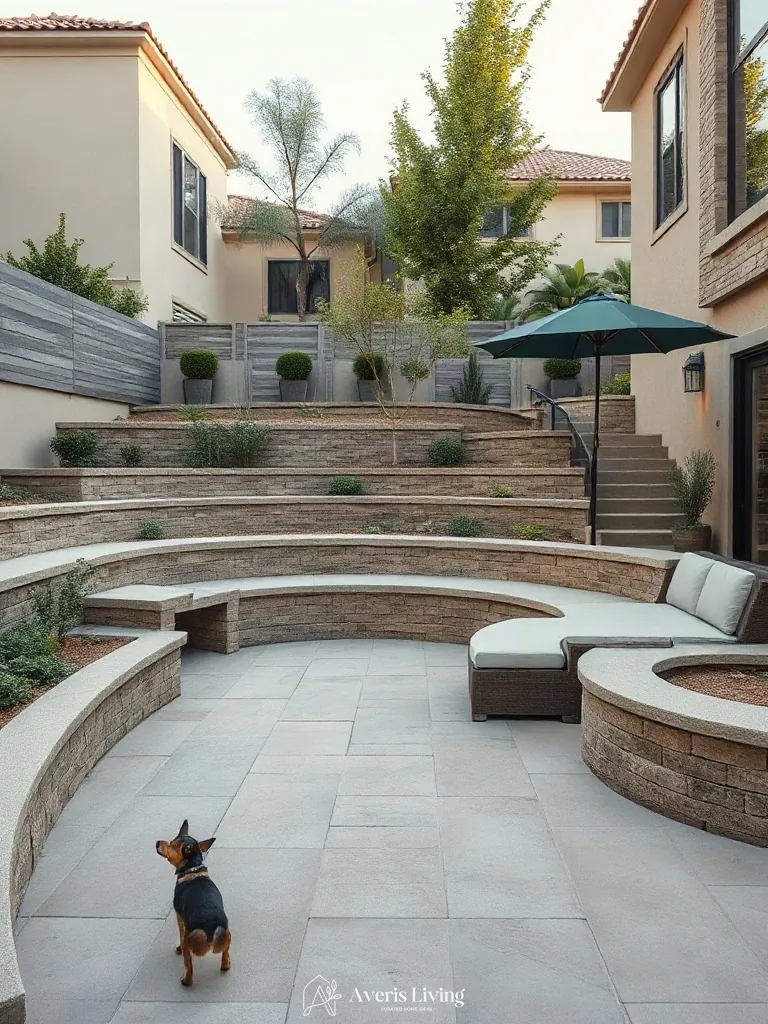 Sunken patio gathering space anchored by retaining wall