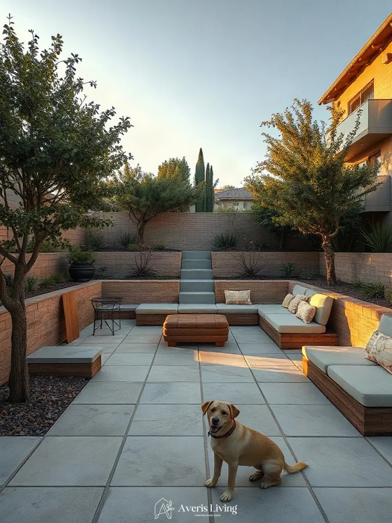 Primary gathering space framed by a drought tolerant backyard retaining wall