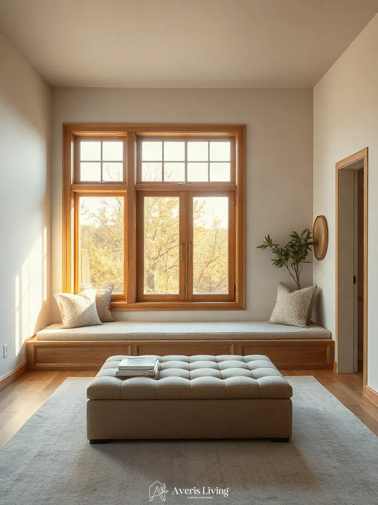 Built-in oak banquette seating extending into a modular storage ottoman