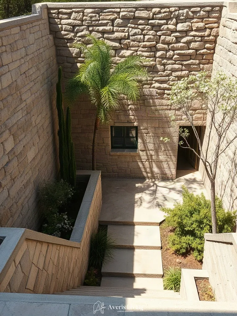Dry-stack stone retaining walls in fairy backyard landscaping makeover