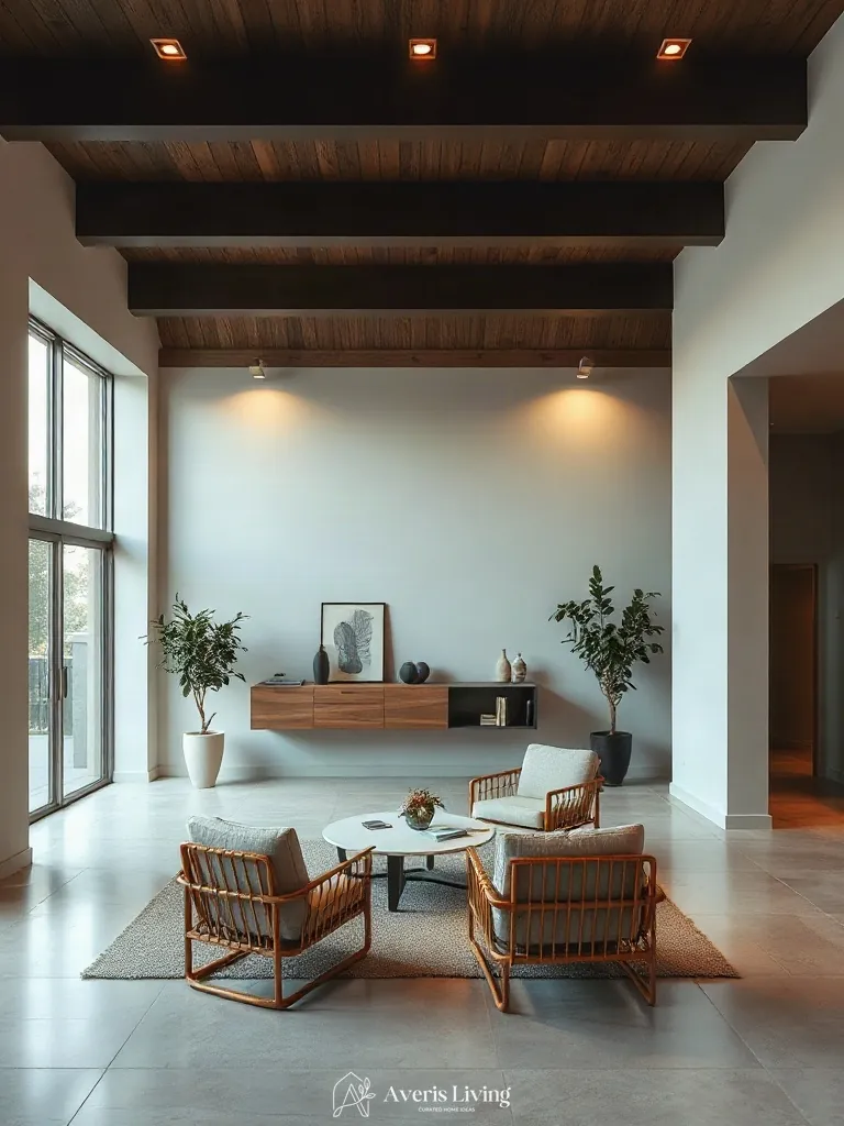 Floating credenza and architectural continuity in rattan furniture living room styling