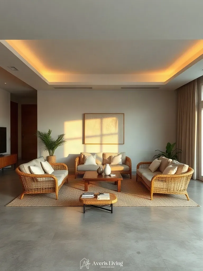 Elevated architectural view of spatial zoning for rattan furniture living room styling
