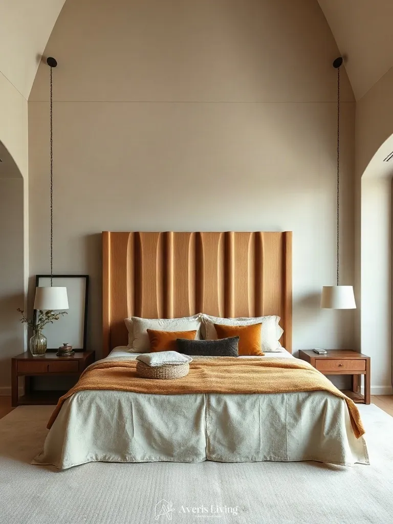 Fluted millwork details in an earthy boho bedroom aesthetic