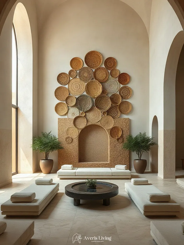 Sunken lounge layout with spatial zoning centered on a woven basket wall display.