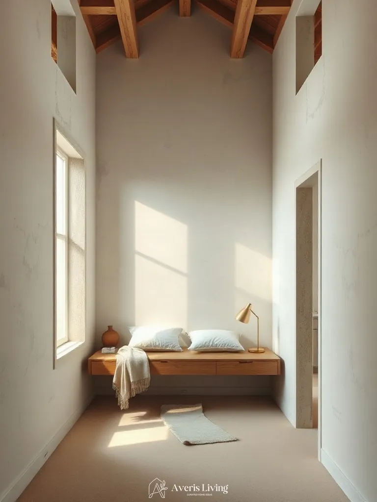 Recessed architectural wall niches with floating bedside tables in small bedroom