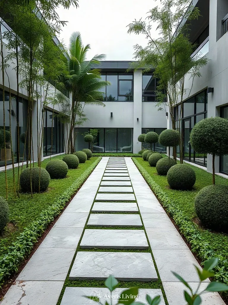 Architectural greenery bordering a modern backyard stepping stones design