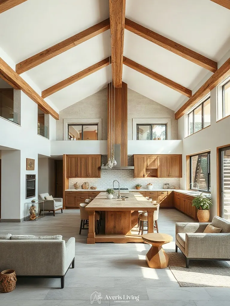 Elevated architectural layout featuring a central rustic wood kitchen island in an open-plan interior.