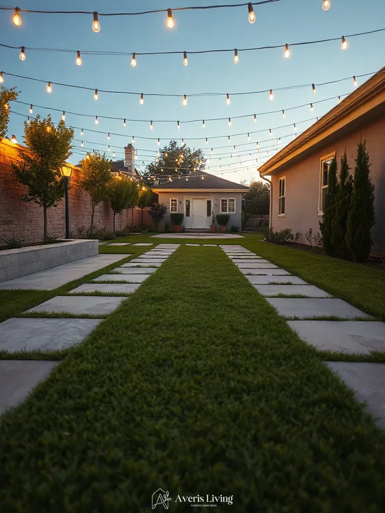 Geometric patio edges illuminated by overhead string lighting