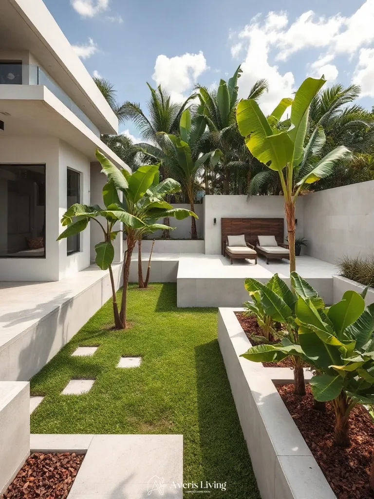 Clean concrete retaining walls separating garden and lounge areas