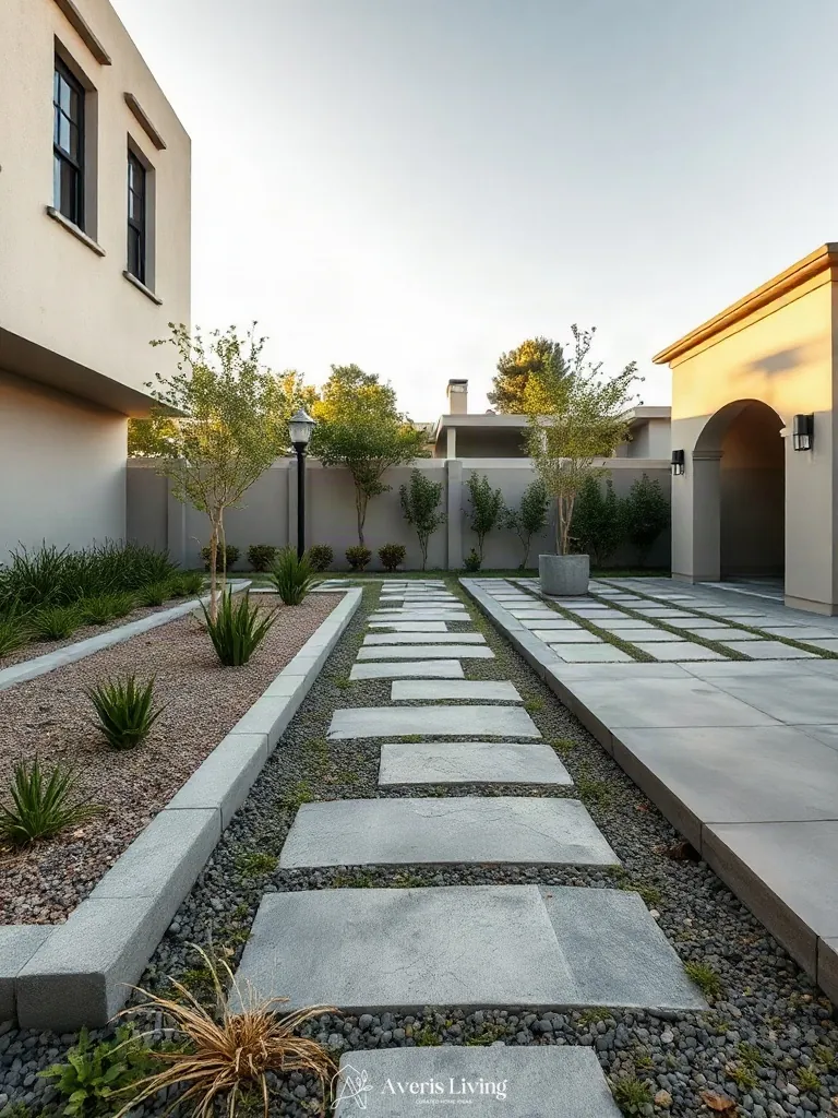 Architectural stepping stone lines separating beds from patio