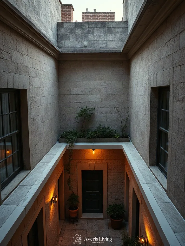 Architectural masonry and stone coping on a bohemian balcony decor terrace.