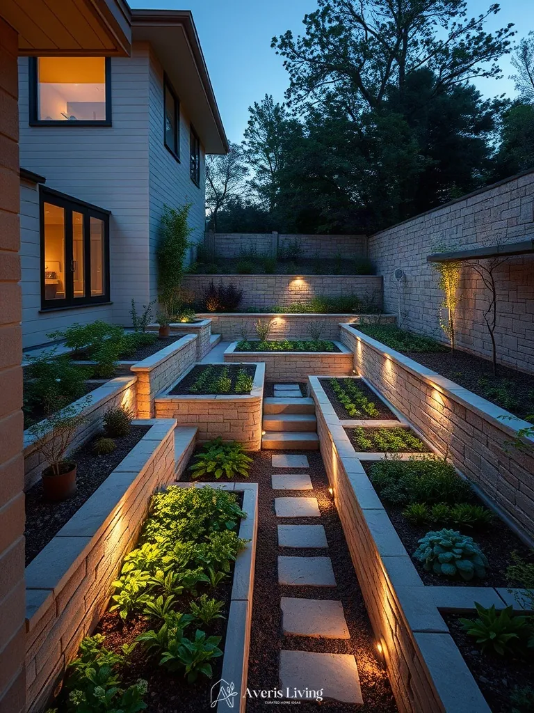 Architectural masonry and retaining walls in a sophisticated no grass backyard vegetable garden layout