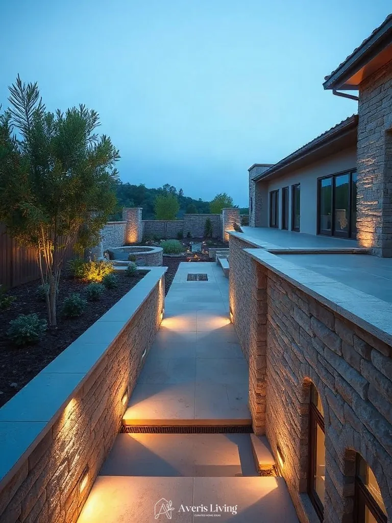 Architectural masonry retaining walls in low maintenance backyard landscaping.