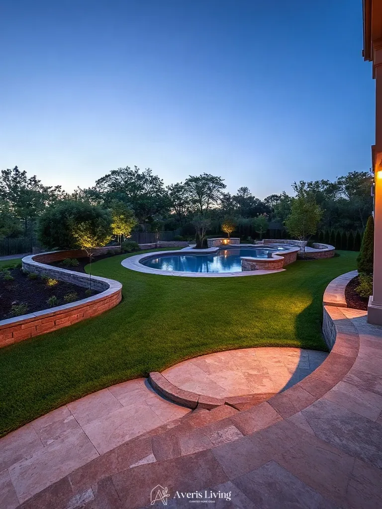 Architectural masonry borders defining a luxury backyard shed before and after landscape