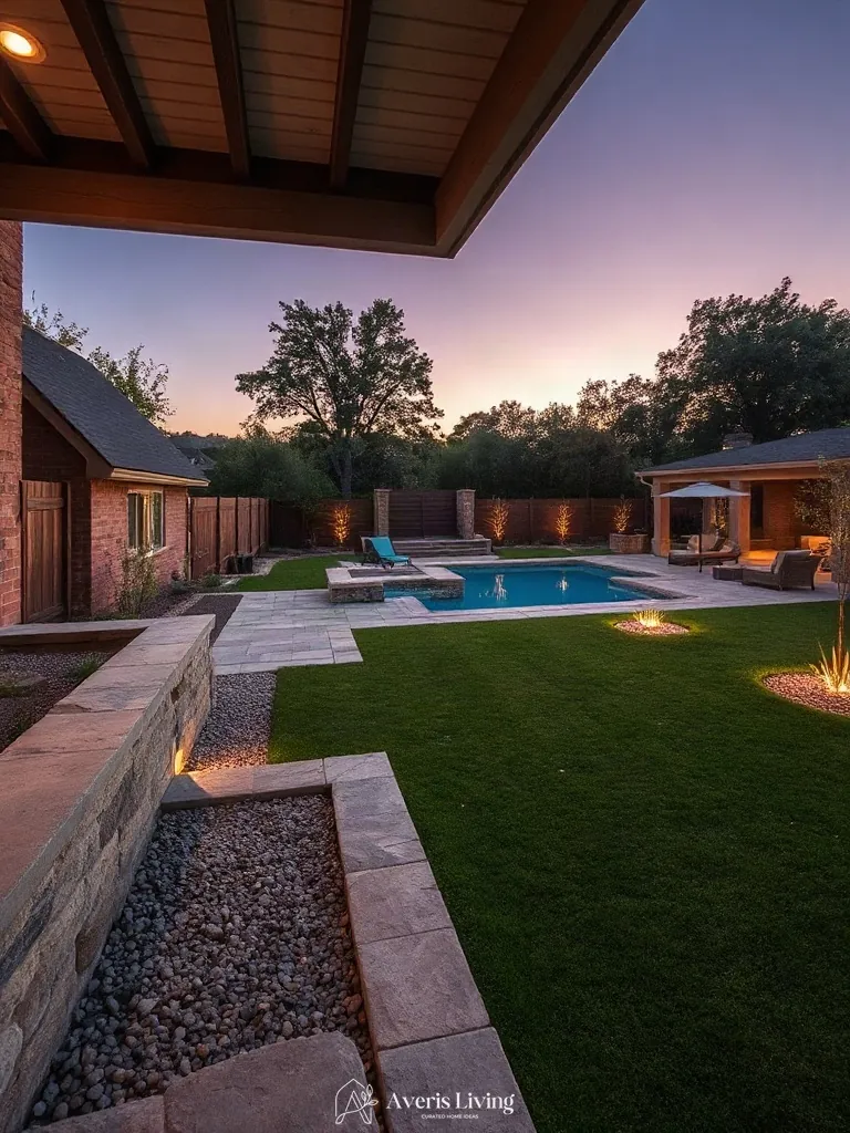 Clean architectural masonry borders separating terraces from lawn in boho privacy fence makeover