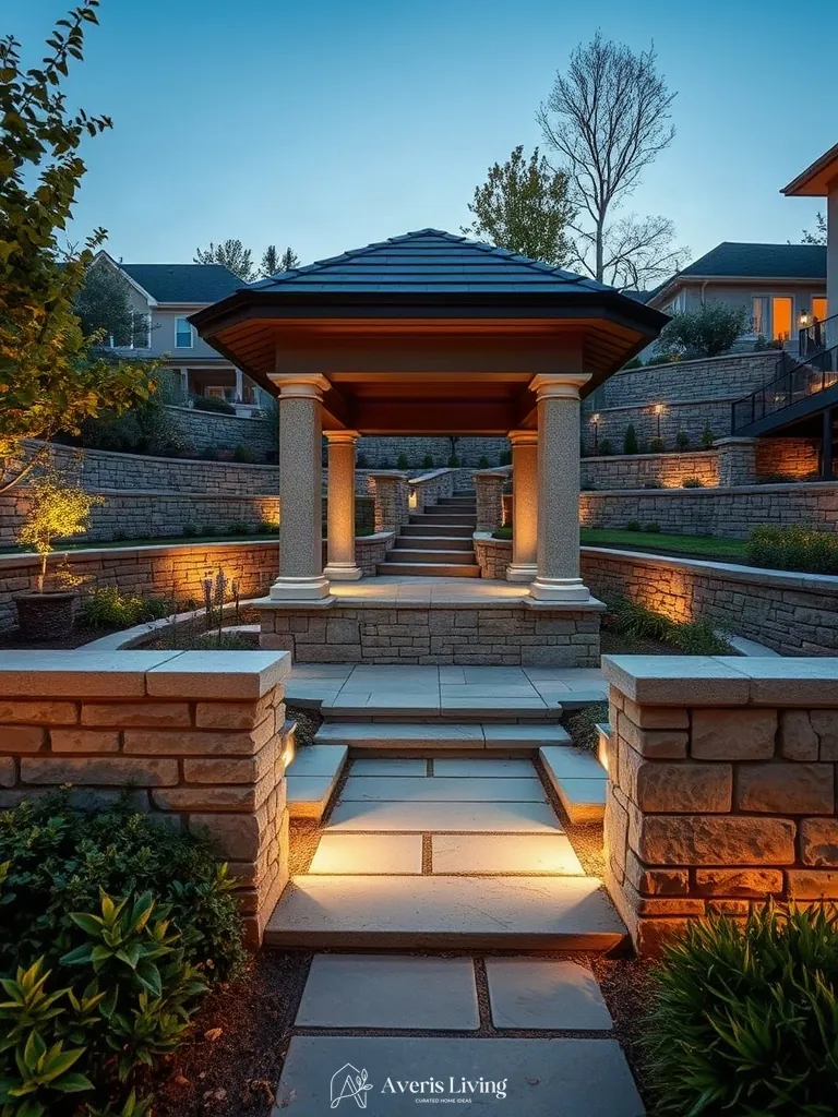 Architectural masonry walls and borders framing a backyard gazebo