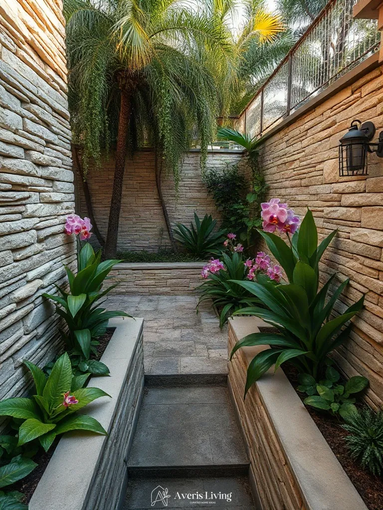 Masonry retaining walls in tropical backyard flower bed design inspiration