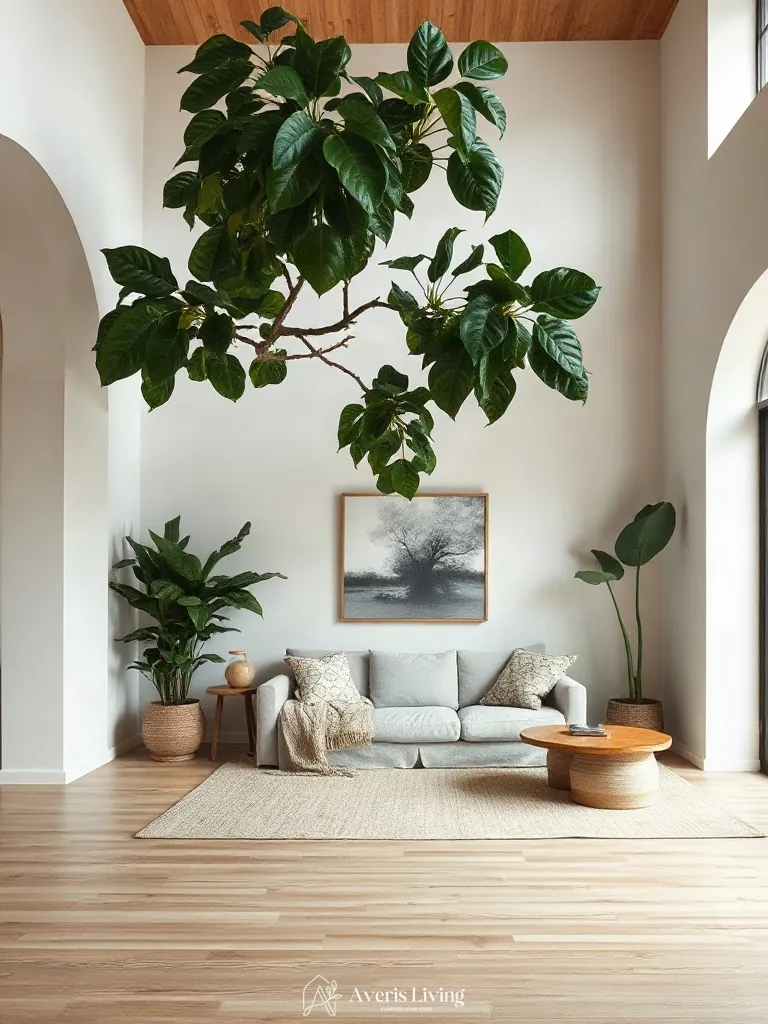 Elevated view of furniture layout and plant zoning in a boho living room