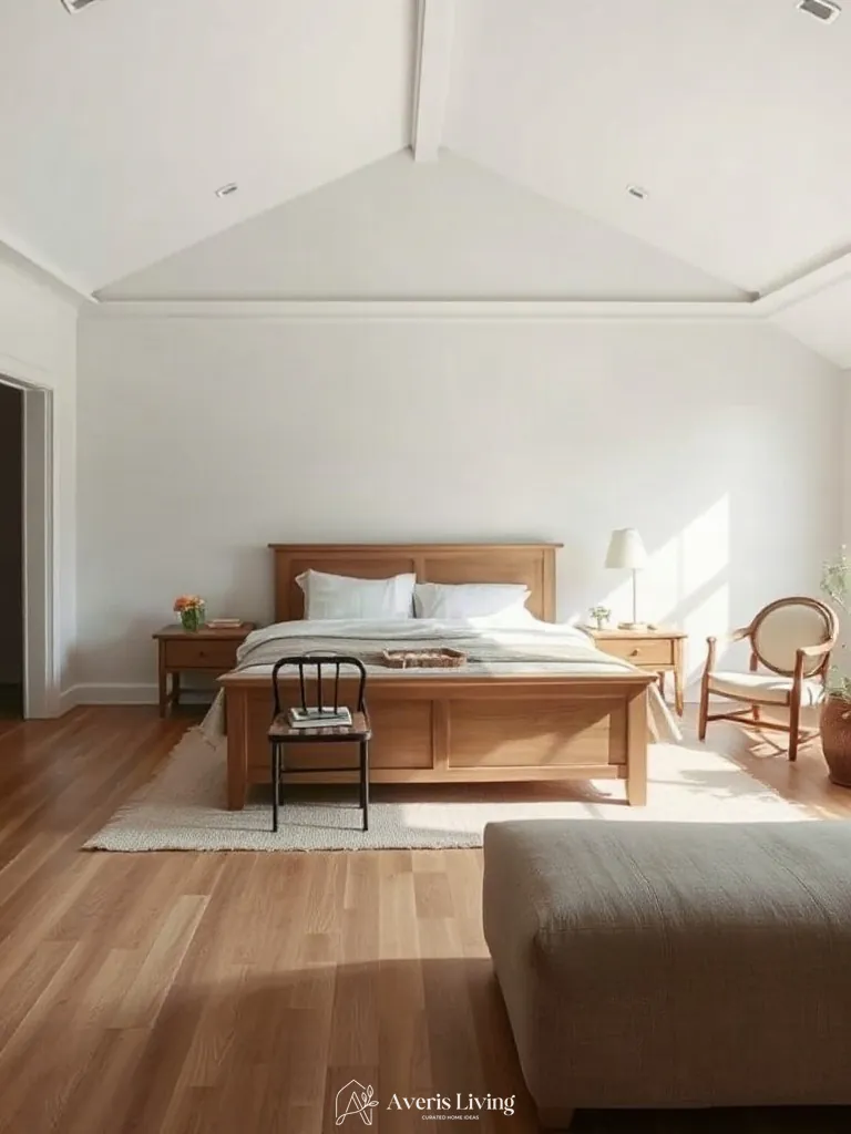 Elevated architectural overview of furniture flow in a farmhouse master bedroom aesthetic