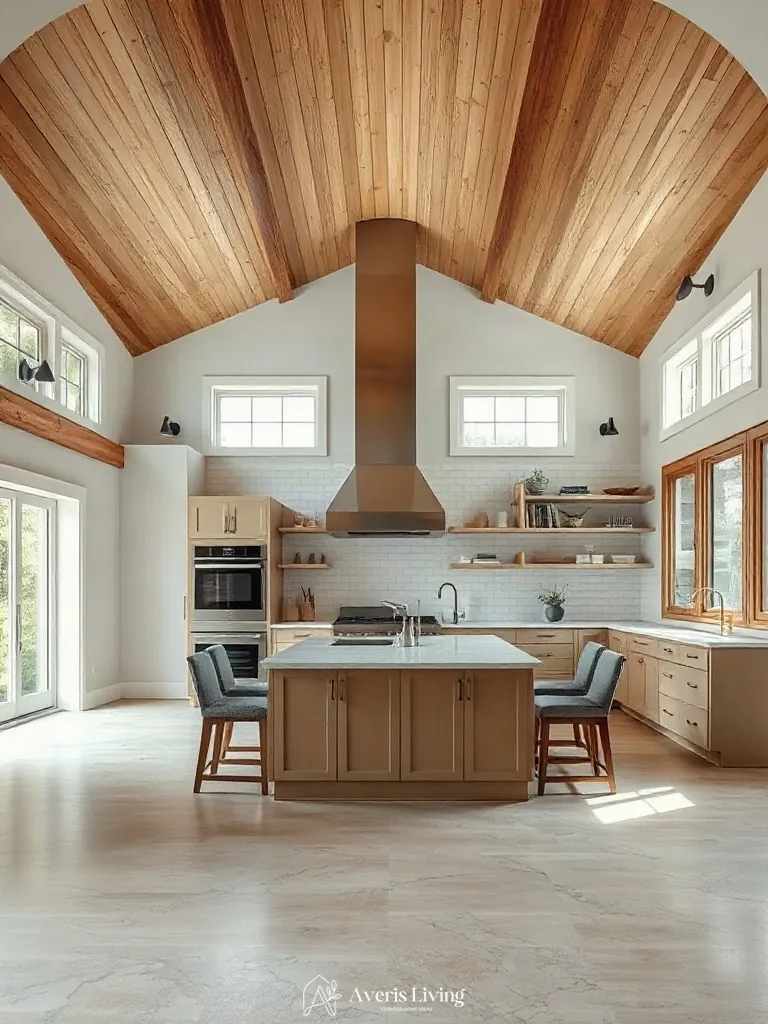 Elevated architectural overview of an open shelving farmhouse kitchen floor layout