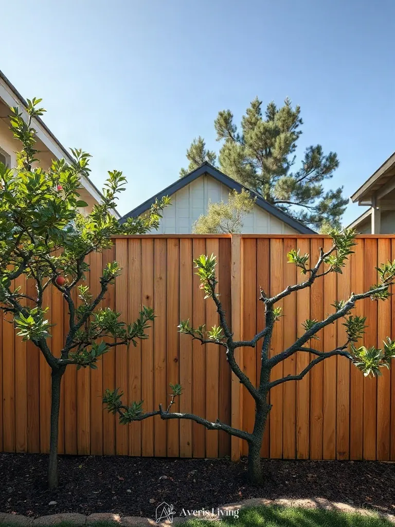 Espalier trees against aesthetic backyard privacy fence inspiration