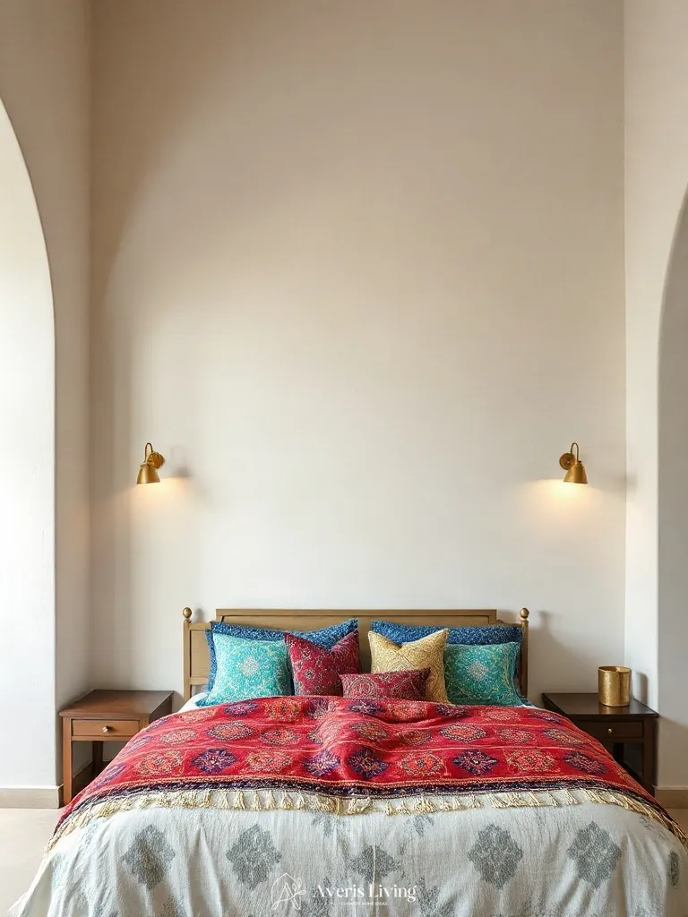 Architectural sconces casting light on colorful bohemian bedding