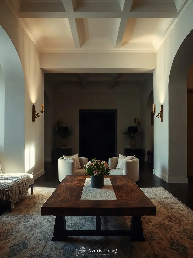 Architectural sconces casting shadows on rustic wood coffee table ideas
