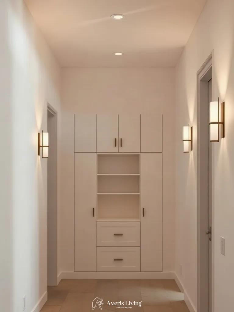 Architectural wall sconces paired with small closet organization systems