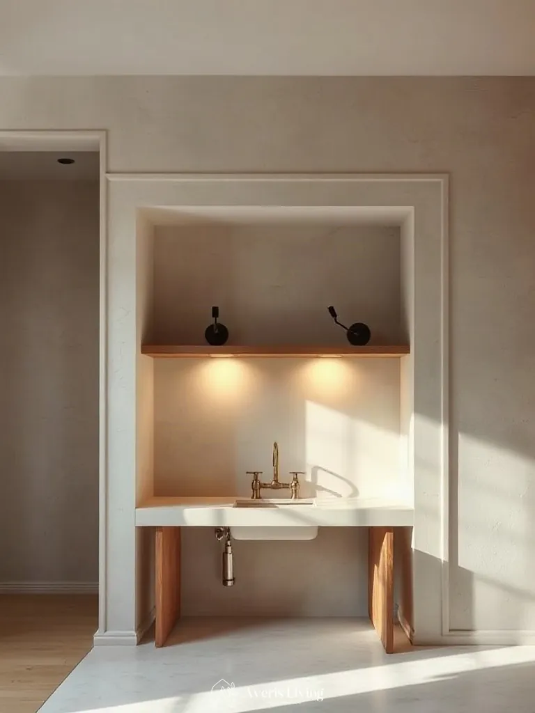 Architectural sconces highlighting under sink storage solutions kitchen.